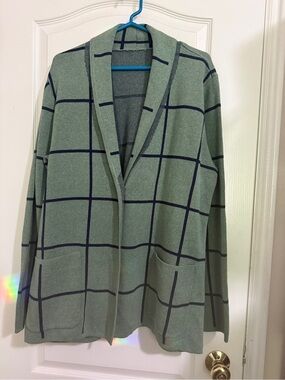 Windowpane Open-Front Cardigan Sweater - Sage Green